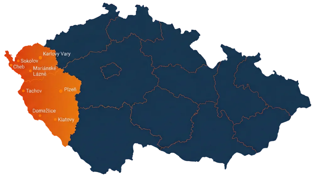 Mapa České republiky se zvýrazněnou servisní oblastí Dachvital — Karlovarský a Plzeňský kraj